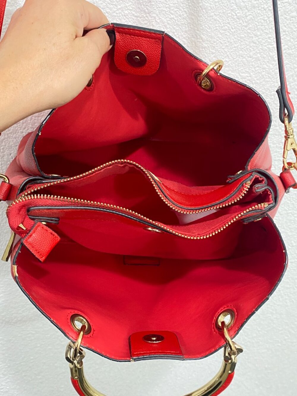 ALDO Red Satchel Crossbody Bag Gold Ring Handle Bold Chic One Size - Picture 7 of 12